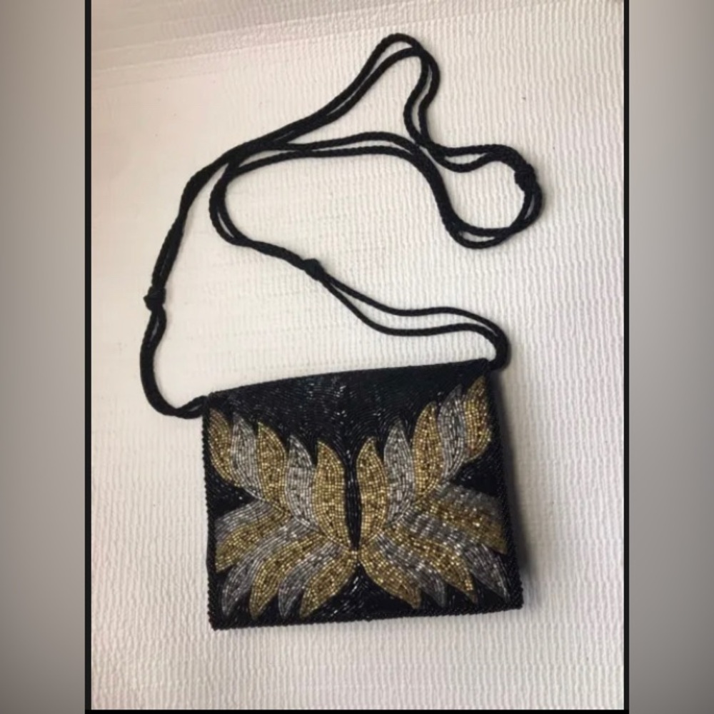 Vintage Black Leaf Beaded Evening Clutch